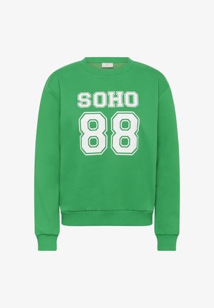 Felpa verde in cotone, con collo rotondo e maniche lunghe. Ha stampato in bianco "SOHO 88" sul davanti.