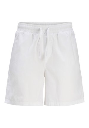 White cotton shorts with an elastic waistband and drawstring. Features a relaxed fit and side seam pockets.