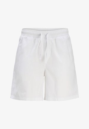 White cotton shorts with an elastic waistband and drawstring. Features a relaxed fit and side seam pockets.