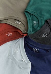 Six t-shirts à col rond et manches courtes, pliés, en vert, gris, marine, blanc, rouille et olive, tous étiquetés « NEXT Regular Fit M », disposés en cercle.