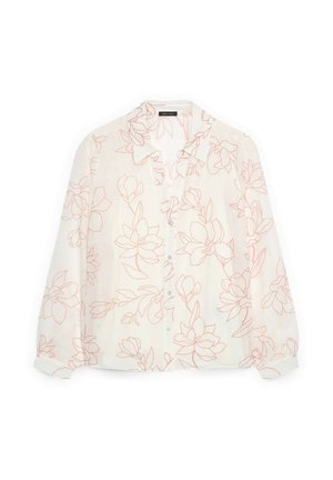 Hvid langærmet skjorte med knapper og lyserøde blomsterline-mønstre samt klassisk krave, lagt fladt på en hvid baggrund.