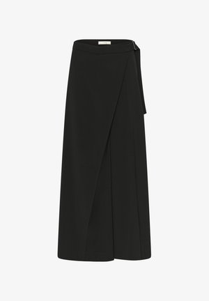 Sort midi-skirt i indpakningsstil med sidebinding, lige kant og glat stoffinish.