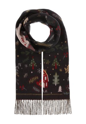 Écharpe noire à franges ornée de motifs colorés de sapins de Noël, de houx, de flocons de neige et d'une maison en pain d'épice.