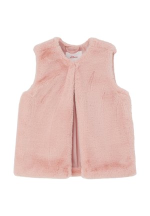 Rosa Kunstfellweste mit weicher Textur, ärmellosem Design und offenem Frontbereich. Das Innere ist seidig und unauffällig, mit einem Etikett am Kragen.