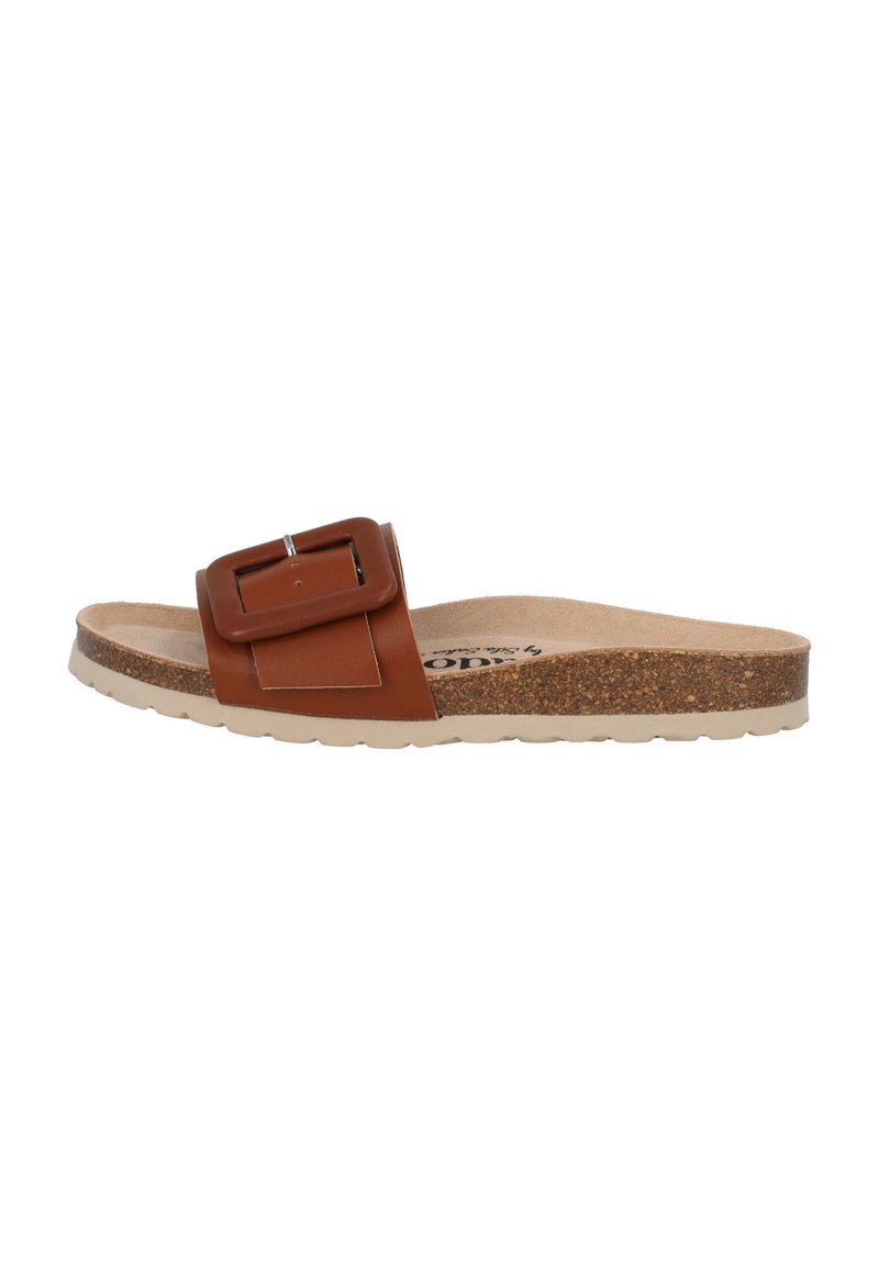 Sandale en cuir marron avec une large sangle ornée d'une boucle rectangulaire. Semelle en liège avec une semelle en caoutchouc beige. Design plat sans talon.