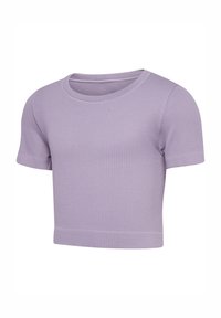 Crop top à manches courtes en maille côtelée violet clair avec encolure ronde et coupe ajustée.