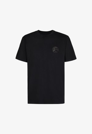 Black cotton t-shirt with short sleeves and a crew neck. Features a small gray circular logo on the left chest area.
