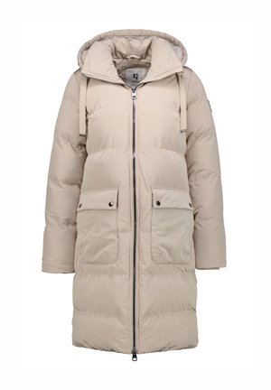 Long beige puffer jacket with a hood, front zip closure, and two snap-button pockets. Smooth fabric with a slightly shiny texture.