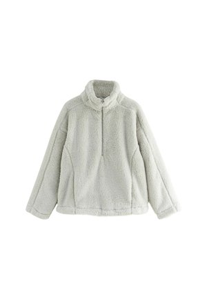 Faux fur pullover in light grey, featuring a high collar and quarter zip, with a relaxed fit and textured surface. Suitable for layering.