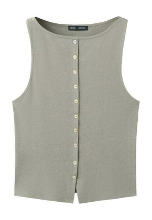 Bezruký svetlosivý pletený top s okrúhlym výstrihom a zvislým radom malých béžových gombíkov uprostred prednej časti.