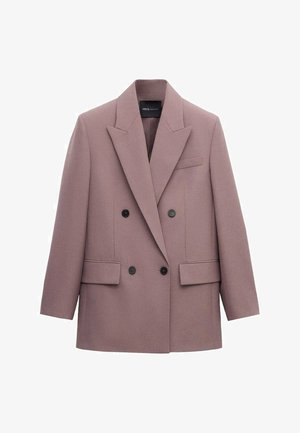Blazer mauve croisé avec revers crantés, deux poches avant à rabat, boutons noirs et une poche poitrine passepoilée.