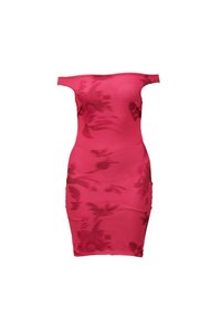 Uska haljina bez ramena u jarkoj ružičastoj boji sa cvjetnim uzorkom, izrađena od rastezljivog materijala, s bodycon dizajnom i glatkom teksturom.