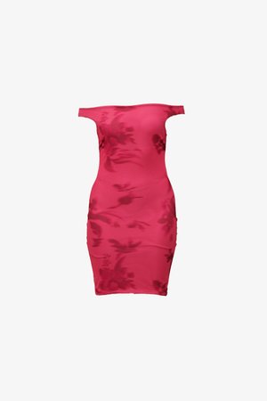 Robe ajustée à épaules dénudées de couleur rose vif avec un motif floral, fabriquée dans un tissu extensible, avec un design près du corps et une texture lisse.