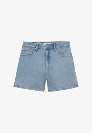 Light blue denim shorts with a high waist, four pockets, and a button closure. Features a classic straight-leg cut and frayed hem.