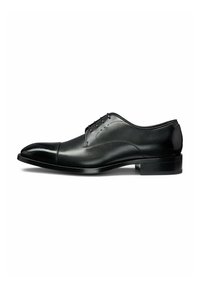Black leather dress shoe with a rounded toe, smooth finish, five eyelets, and a low, stacked heel. Features subtle stitching details.