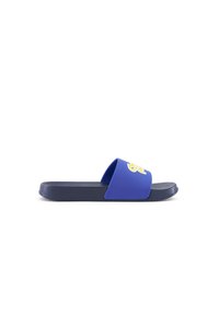 Blue rubber slide sandal with a textured footbed, wide strap, and a yellow graphic detail. Flat sole suitable for casual wear.