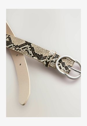 Snake print belt in beige with black details. Features a textured surface and a silver circular buckle, adjustable with multiple holes.