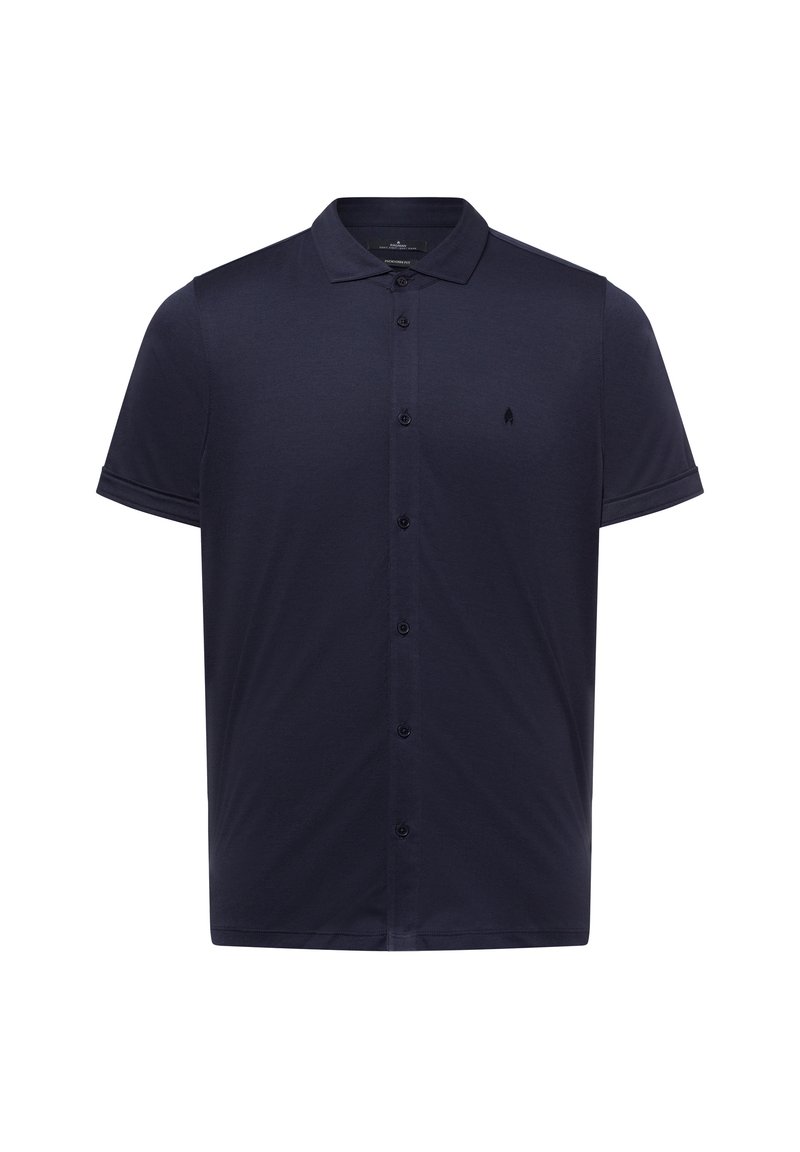 Dunkelblaues Kurzarm-Poloshirt aus glattem Stoff, mit einer Knopfleiste vorne und einem kleinen schwarzen Logo auf der linken Brust.