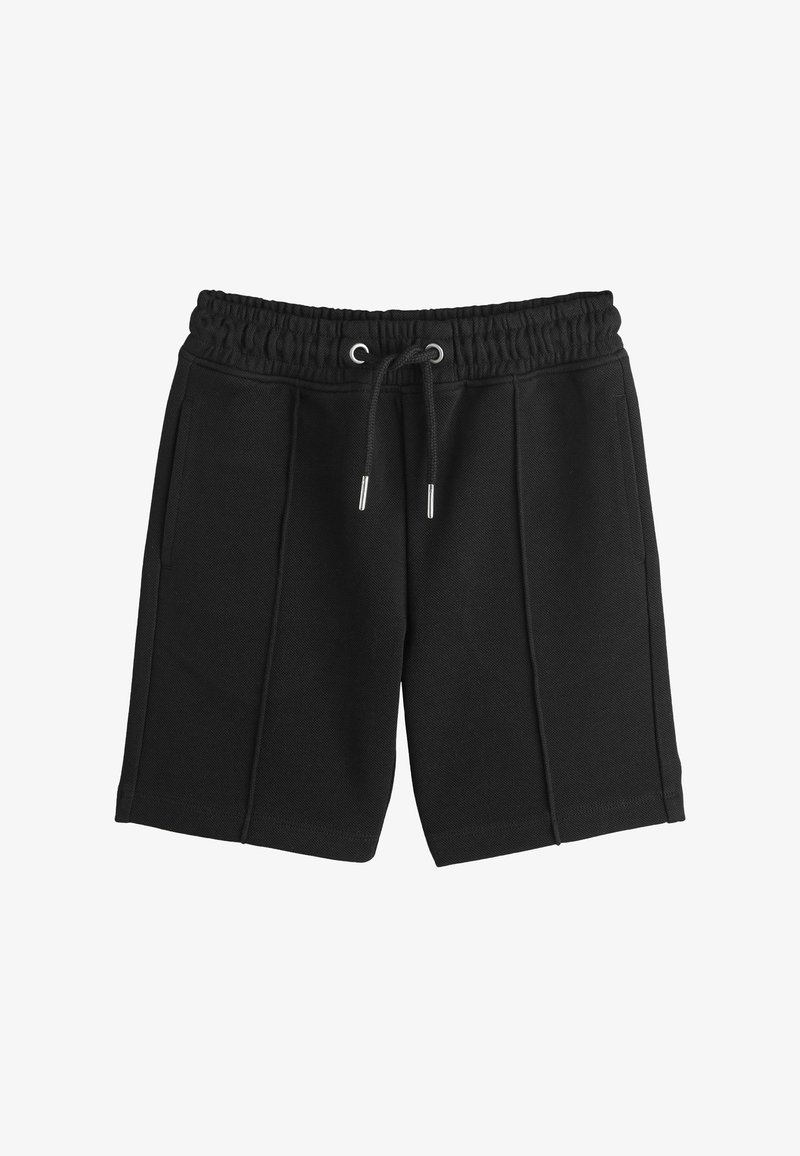 Shorts en coton noir avec taille élastique et cordon de serrage, dotés de poches latérales et de coutures avant.