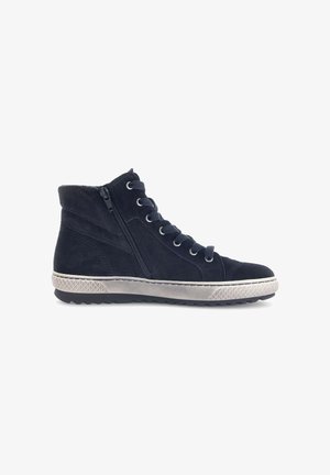 Navy suede ankle boots with a padded collar, featuring a side zipper, front lacing, and a textured rubber sole.