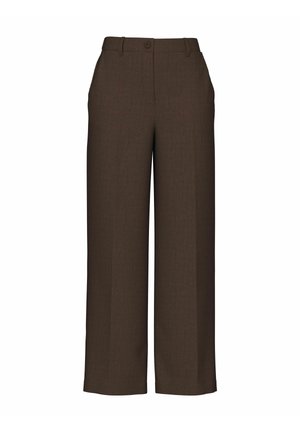 Pantalones de pernera ancha, color marrón, hechos de una tela texturada, con cierre de botón, cintura estructurada y pliegues planchados en la parte delantera.