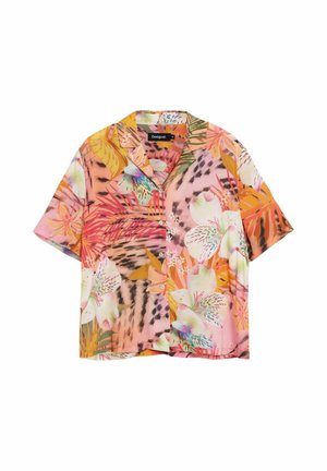 Košulja kratkih rukava na kopčanje s živopisnim tropskim cvjetnim i listnim uzorcima u ružičastim, narančastim, bijelim i zelenim tonovima.