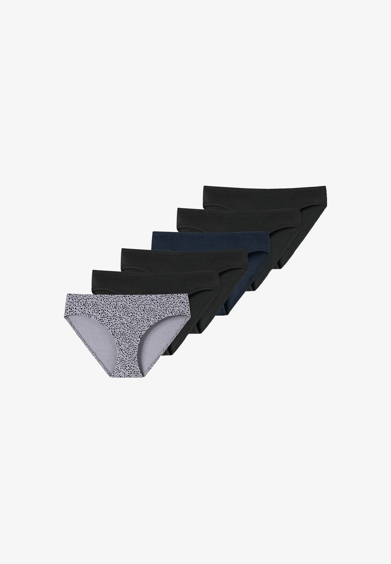 Six-pack of women's briefs including one light gray pair with a black dot pattern, five solid black, cotton fabric, low-rise design.
