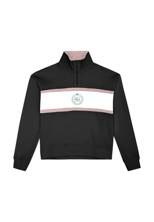 Pullover in pile nero con colletto alto, caratterizzato da una striscia orizzontale bianca e rosa e un logo circolare FILA sul petto.
