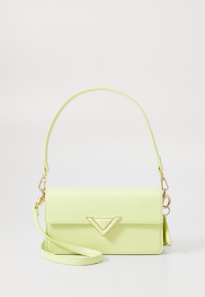 Pale yellow crossbody bag with detachable strap, gold triangular clasp, and sleek rectangular shape on plain white background.