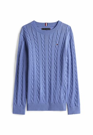 Pull bleu clair en maille torsadée à manches longues, avec poignets et ourlet côtelés, col rond, et petit logo Tommy Hilfiger sur la poitrine.