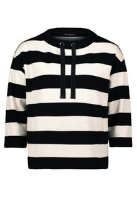 Czarna i kremowa bluzka w paski z okrągłym dekoltem, rękawami o długości trzy czwarte oraz dekoracyjnymi czarnymi sznurkami z przodu. Miękka tekstura materiału.