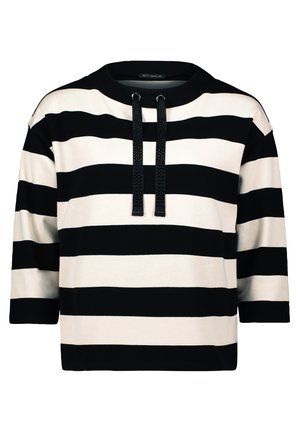 Zwart en crèmekleurige gestreepte blouse met een ronde halslijn, driekwartmouwen en decoratieve zwarte trekkoorden aan de voorkant. Zachte stofstructuur.