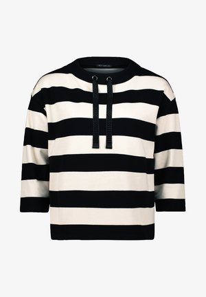 Blusa a righe nera e crema con scollatura rotonda, maniche a tre quarti e cordini neri decorativi sul frontale. Tessuto morbido.