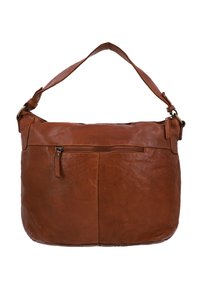 Brun læder skuldertaske med en tekstureret overflade, lynlåslomme foran og en justerbar rem. Firkantet form og blød finish.