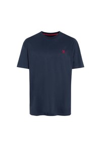 Navy-blaues T-Shirt mit kurzen Ärmeln aus weichem Material und rundem Halsausschnitt. Mit einem kleinen roten gestickten Logo auf der Brust.
