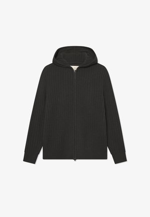 Felpa nera con zip e cappuccio regolabile, maniche lunghe e texture a maglia liscia, caratterizzata da un orlo dritto e senza decorazioni visibili.