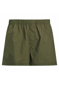 Shorts en coton vert avec une taille élastique, dotés d'un design simple, d'une coupe droite et sans motifs ni détails matériels visibles.