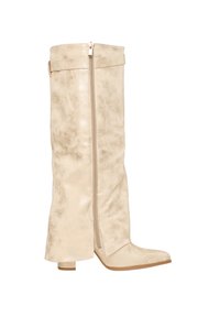 Beige knähöga stövlar gjorda av mjukt metalliskt material, med en central dragkedja och en låg blockklack.