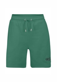 Groene katoenen shorts met een elastische tailleband en trekkoord. Voorzien van zijzakken en geborduurd logo op het linkerpootje. Gladde textuur.