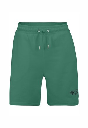 Zielone bawełniane szorty z elastycznym pasem i sznurkiem do regulacji. Posiadają kieszenie boczne oraz haftowane logo na lewej nogawce. Gładka tekstura.