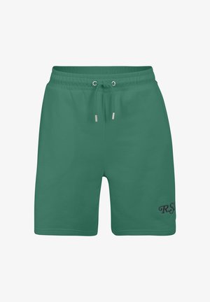Grønne bomulds shorts med elastisk talje og snor. Har sidelommer og broderet logo på venstre ben. Glat tekstur.