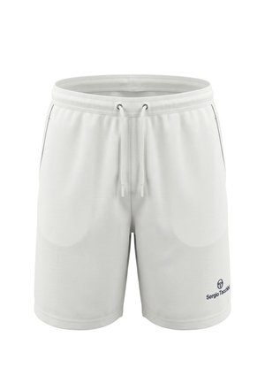 Pantaloncini sportivi bianchi con vita a cordoncino, tasche laterali e piccolo logo Sergio Tacchini sulla parte inferiore della gamba sinistra.
