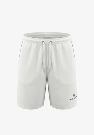 Białe szorty sportowe z wiązaniem w talii, bocznymi kieszeniami oraz małym logo Sergio Tacchini na dolnej lewej nodze.