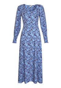 Robe midi à manches longues bleu clair avec motif floral bleu foncé, encolure carrée, taille cintrée et jupe légèrement évasée.