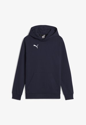 Felpa blu navy realizzata in misto cotone con tasca a marsupio, caratterizzata da un logo Puma bianco sul petto e cappuccio con cordino.
