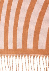 Orange and light pink striped scarf with fringed edges, made of soft woven fabric. Features bold alternating stripes and a textured appearance.