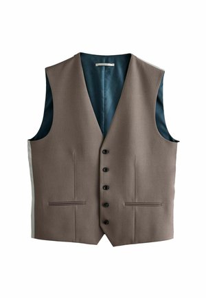 Brun stofvest med V-hals, fem sorte knapper og to forlommer; foret med mønstret teal materiale.