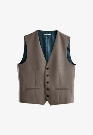 Brun stofvest med V-hals, fem sorte knapper og to forlommer; foret med mønstret teal materiale.