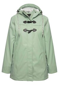 Ljust grön vattentät jacka med huva, med dragsko-spännen, ett grått innerfoder och sidofickor för funktionalitet.