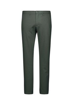 Groene broek van gladde stof, met een rechte pijp, voorzakken, een knoopsluiting en een strakke afwerking.